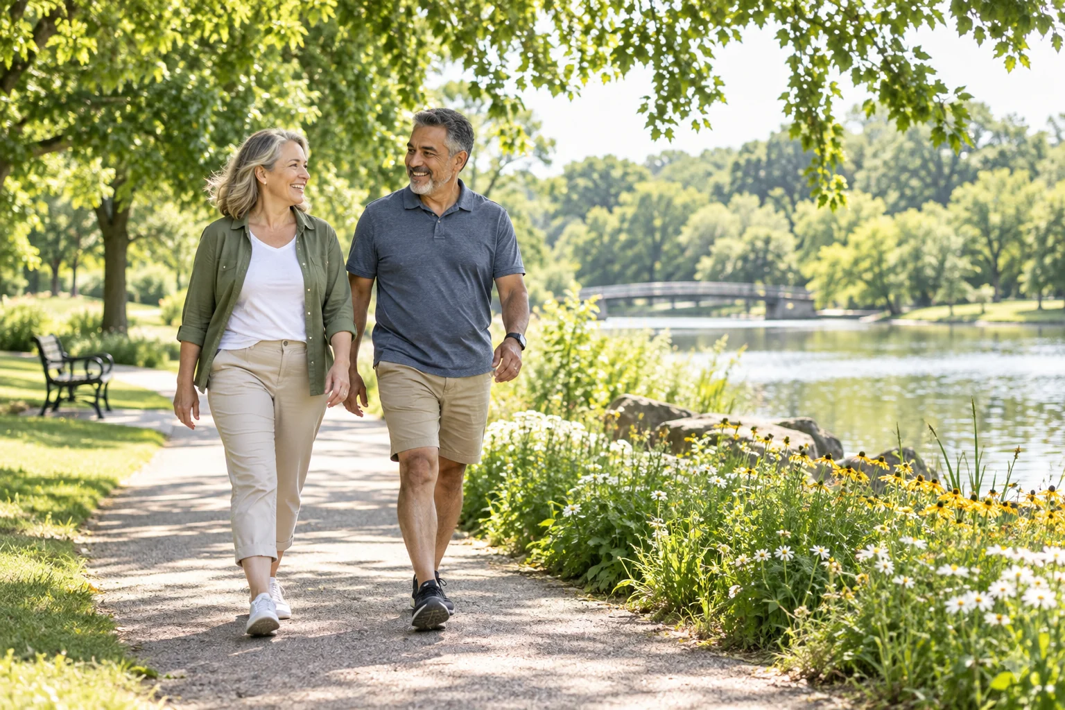 Two adults enjoying a walk through a sunlit green park.