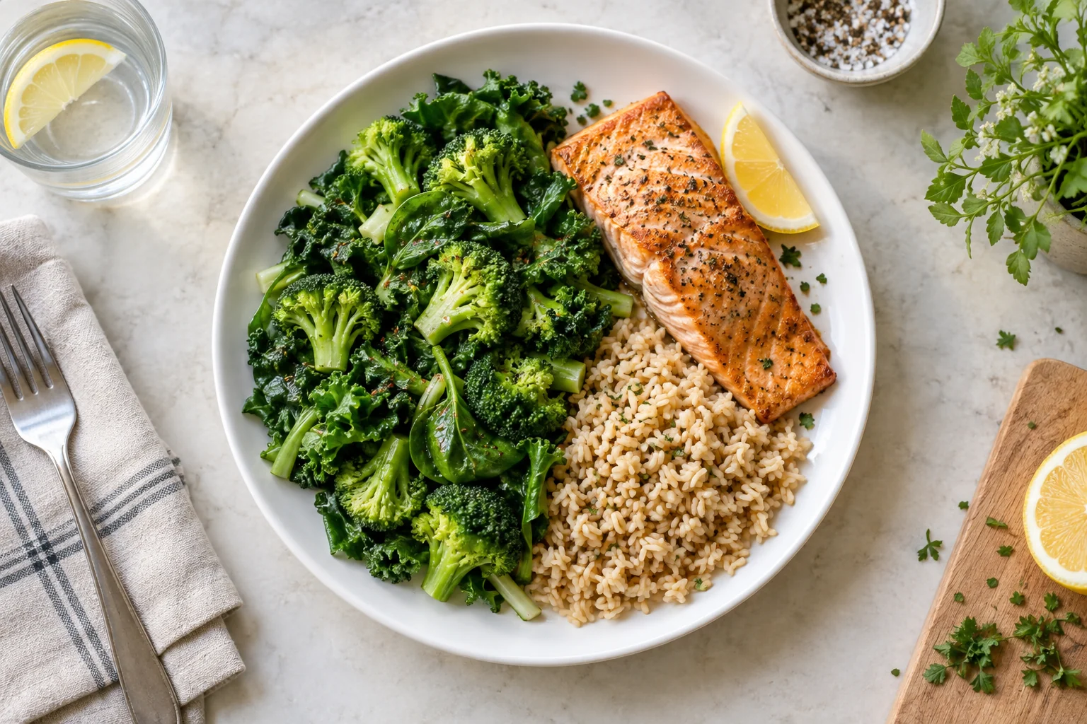 A balanced plate of salmon, brown rice and colorful non-starchy vegetables.