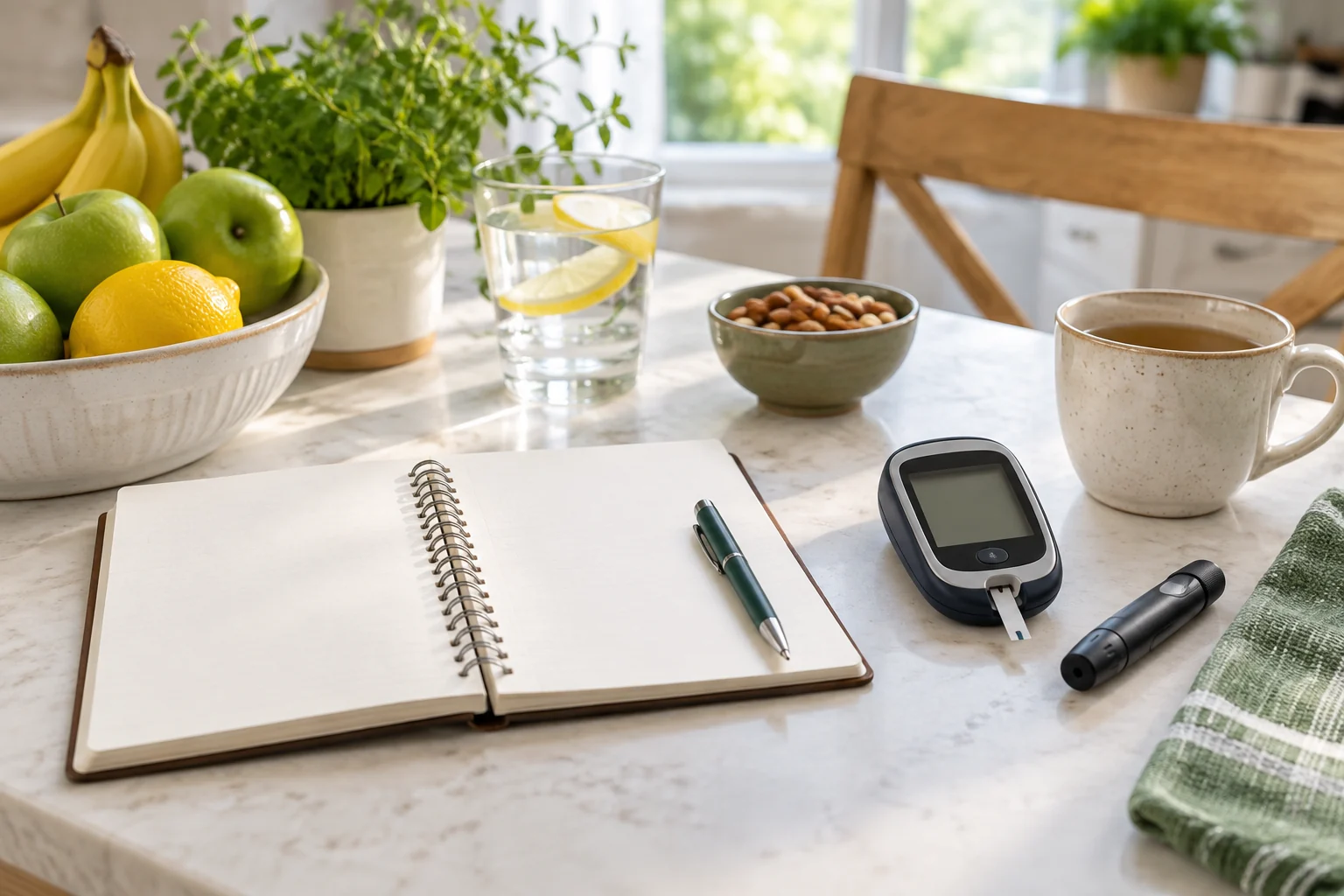 A notebook and pen beside a glucose meter.