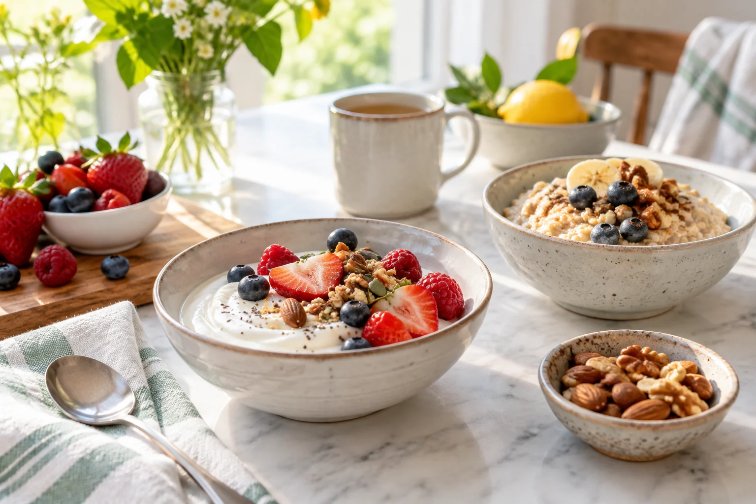 Yogurt, berries, oats and nuts arranged on a bright breakfast table.