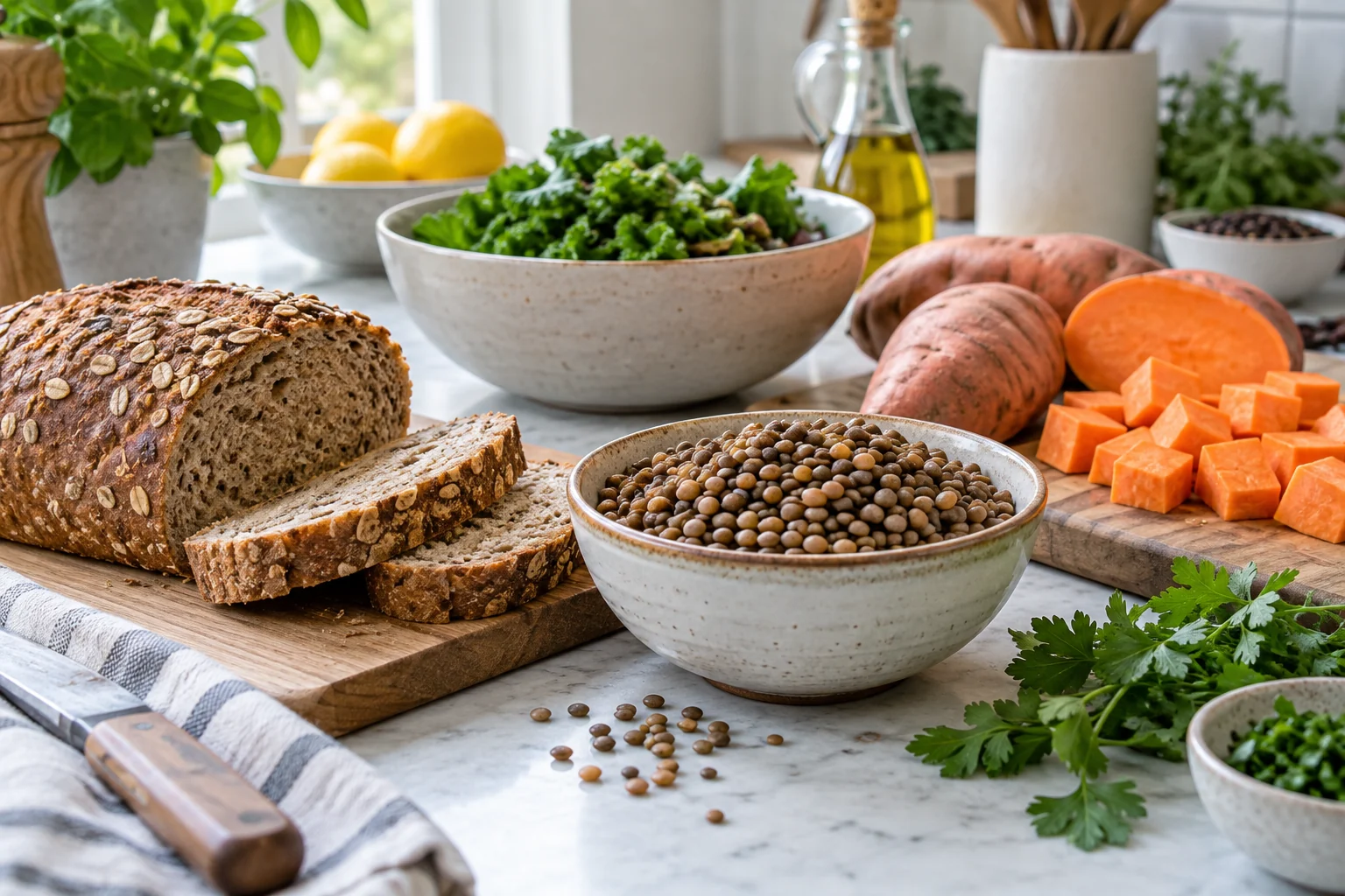 Wholegrain bread, lentils and sweet potato on a kitchen table.
