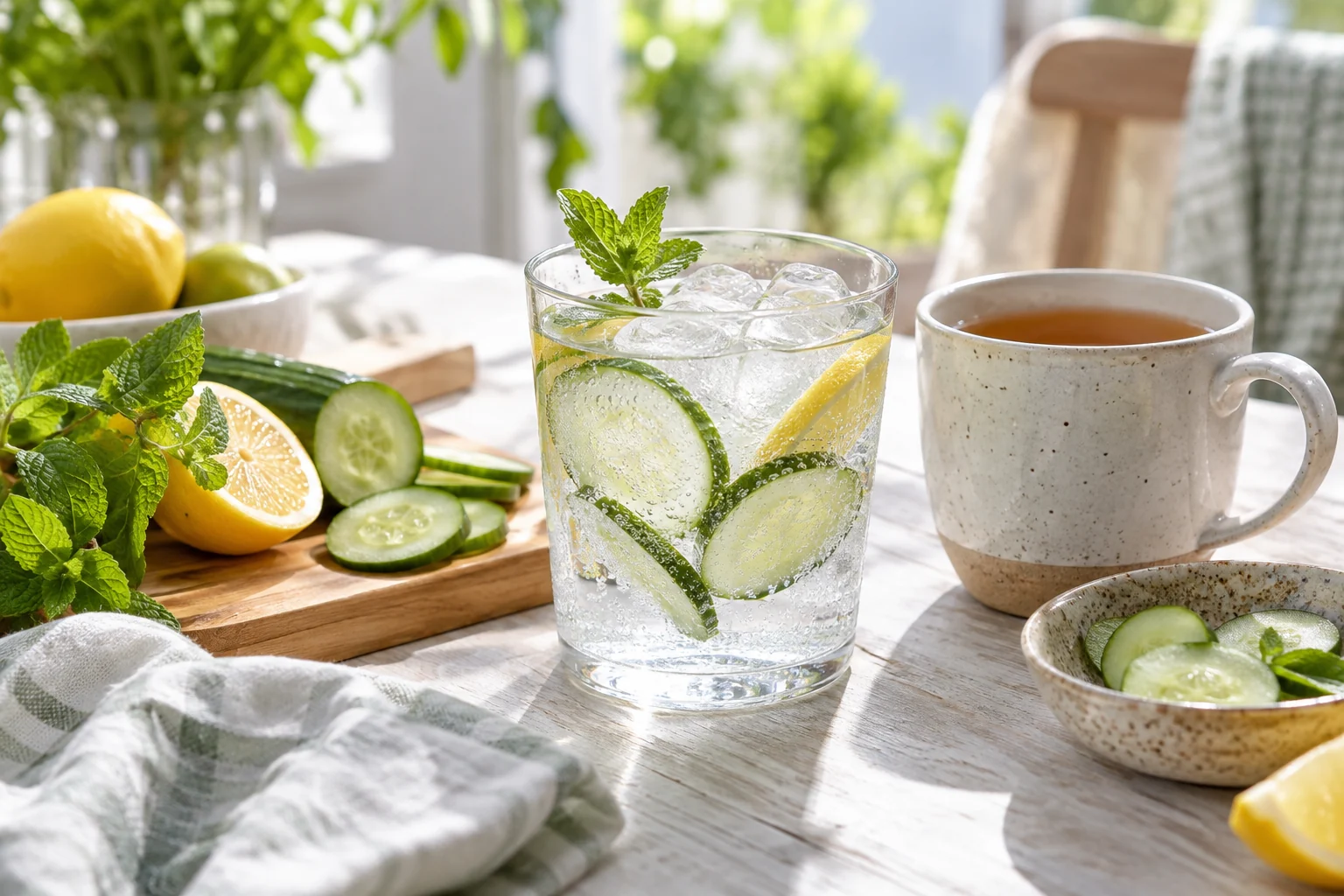 Water with cucumber and citrus beside a cup of unsweetened tea.