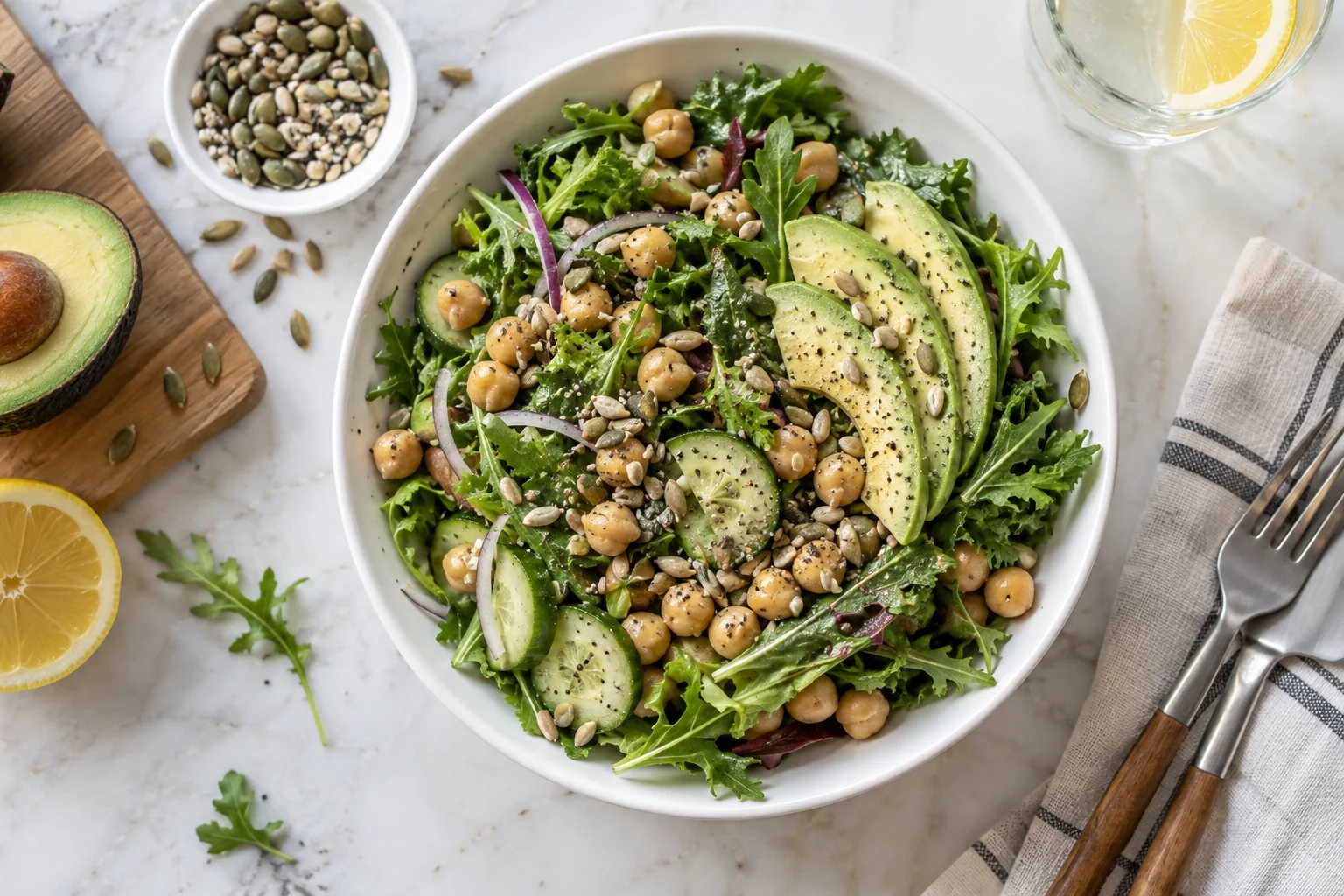 A colorful salad with chickpeas, avocado and seeds.