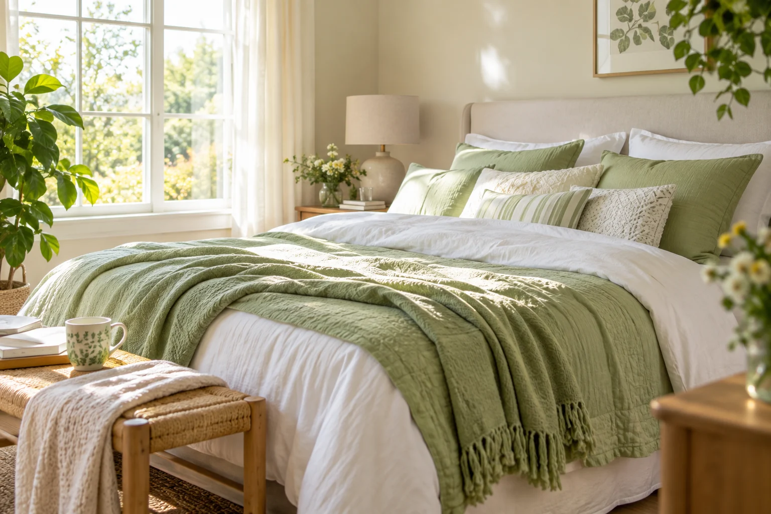 A peaceful bedroom with soft morning light.