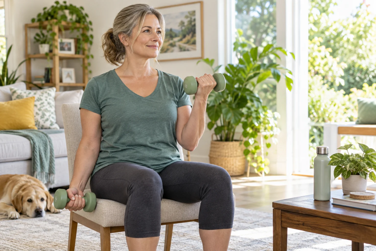 A woman doing seated curls with light dumbbells at home.